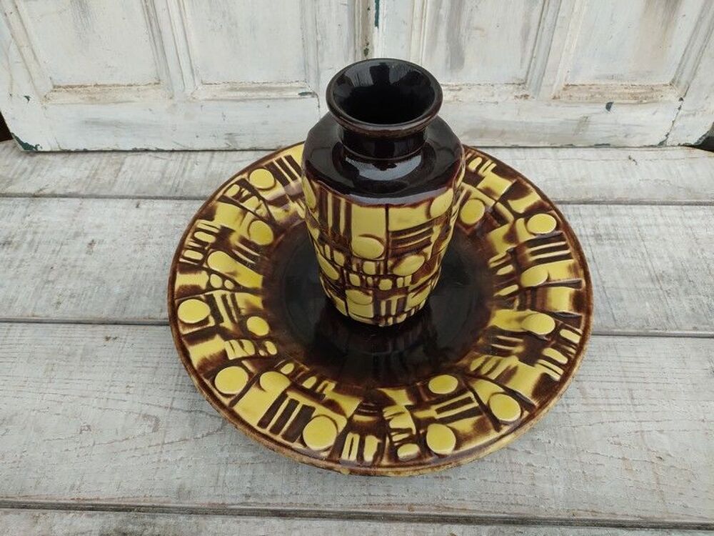 Vase Plat C&eacute;ramique vintage D&eacute;cor G&eacute;om&eacute;trique Brun Jaune Décoration