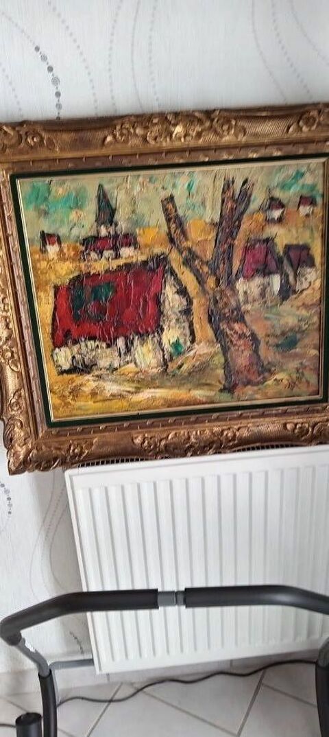 Huile  H.d'Anty(1910-1998) village aux toits rouges. Tours (37)