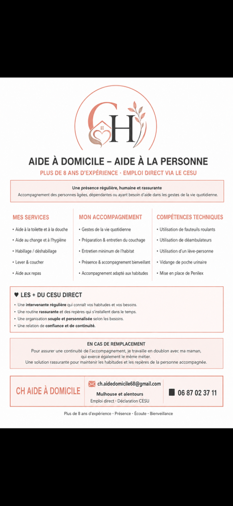 Aide &agrave; domicile - Cesu- + 8 ans EXP/ Wittenheim et alentours 0 68270 Wittenheim
