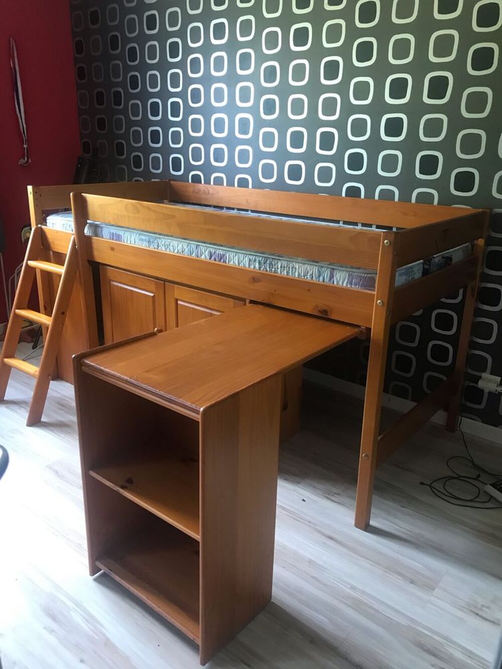 Lit mezzanine enfant en bois, rangement + Lattes + matelas Mobilier enfants