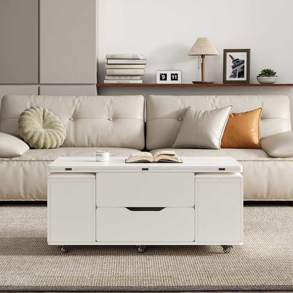 Table basse pliable avec plateau relevable + 4 tabourets et rangement Meubles