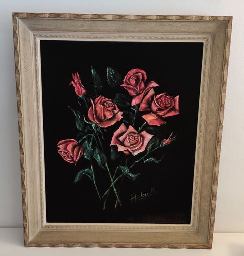 Tableau 7 roses fond noir en VELOURS cadre bois 45 Chelles (77)