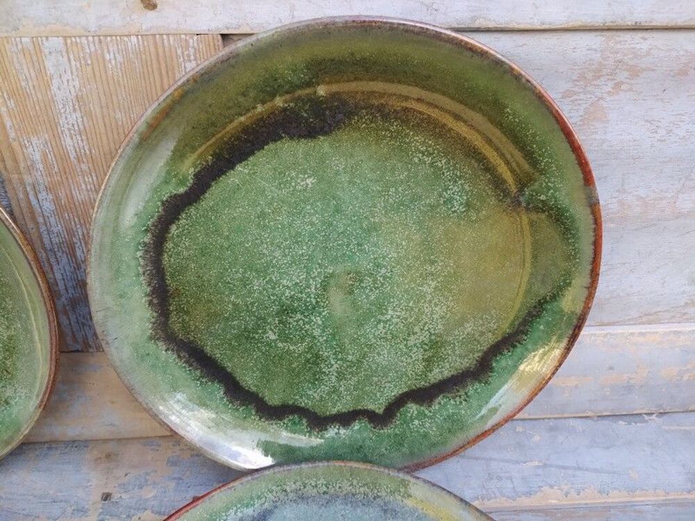 4 Assiettes Gr&egrave;s &Eacute;maill&eacute; Vert Porterie Artisanale Décoration