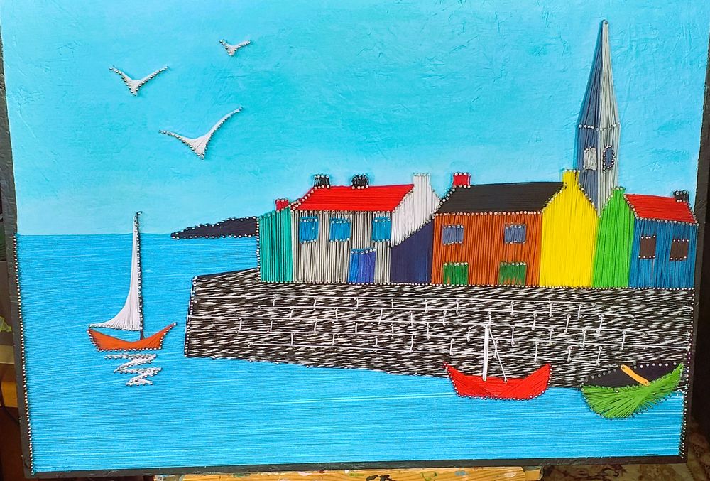 Tableau fil et clou , VILLAGE en bord de MER Décoration