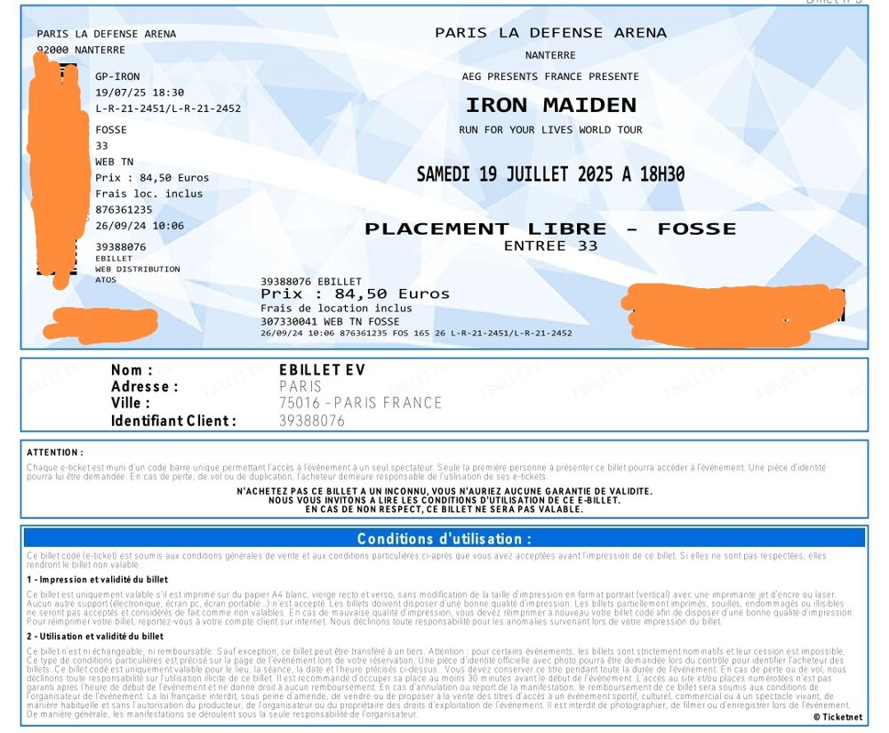 2 billets concert Iron Maiden Billetterie