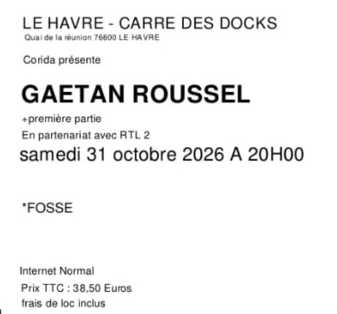 2 places concert Gaëtan Roussel - le havre- 31/10/2026 Le Havre (76)