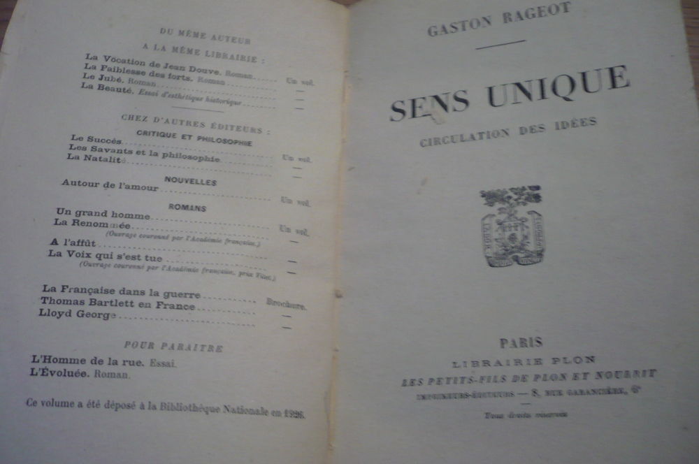 SENS UNIQUE de Gaston RAGEOT, (1926) Livres et BD