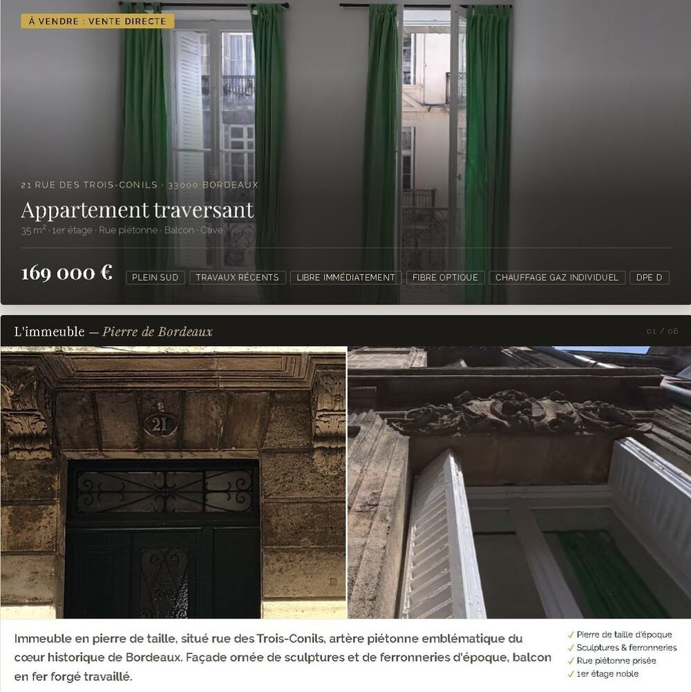 Vente Appartement BORDEAUX HYPER-CENTRE ? T2 TRAVERSANT DE 35 m² AVEC BALCON Bordeaux