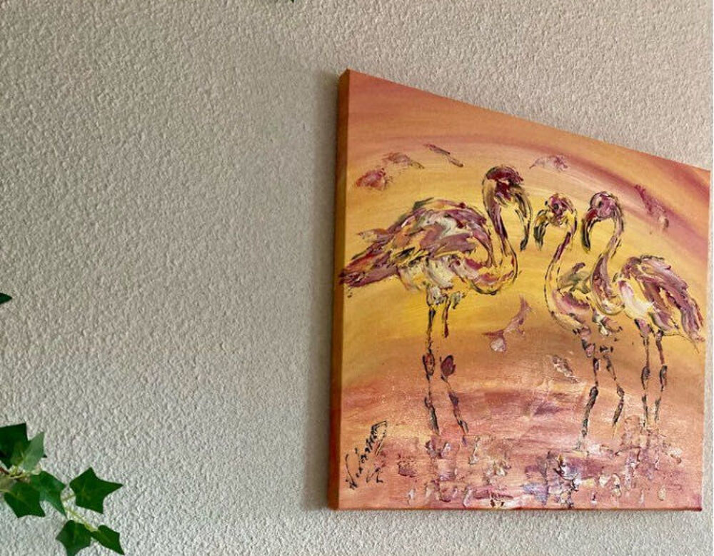 Tableau Flamants roses Peinture sur toile Camargue 55x46cm Neuf Original Décoration