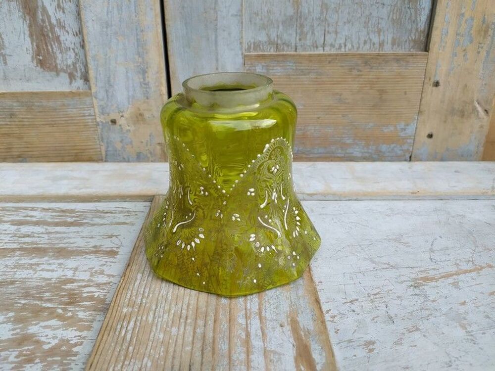 Tulipe Lampe &agrave; P&eacute;trole Verre &Eacute;maill&eacute; Vert et Blanc Décoration