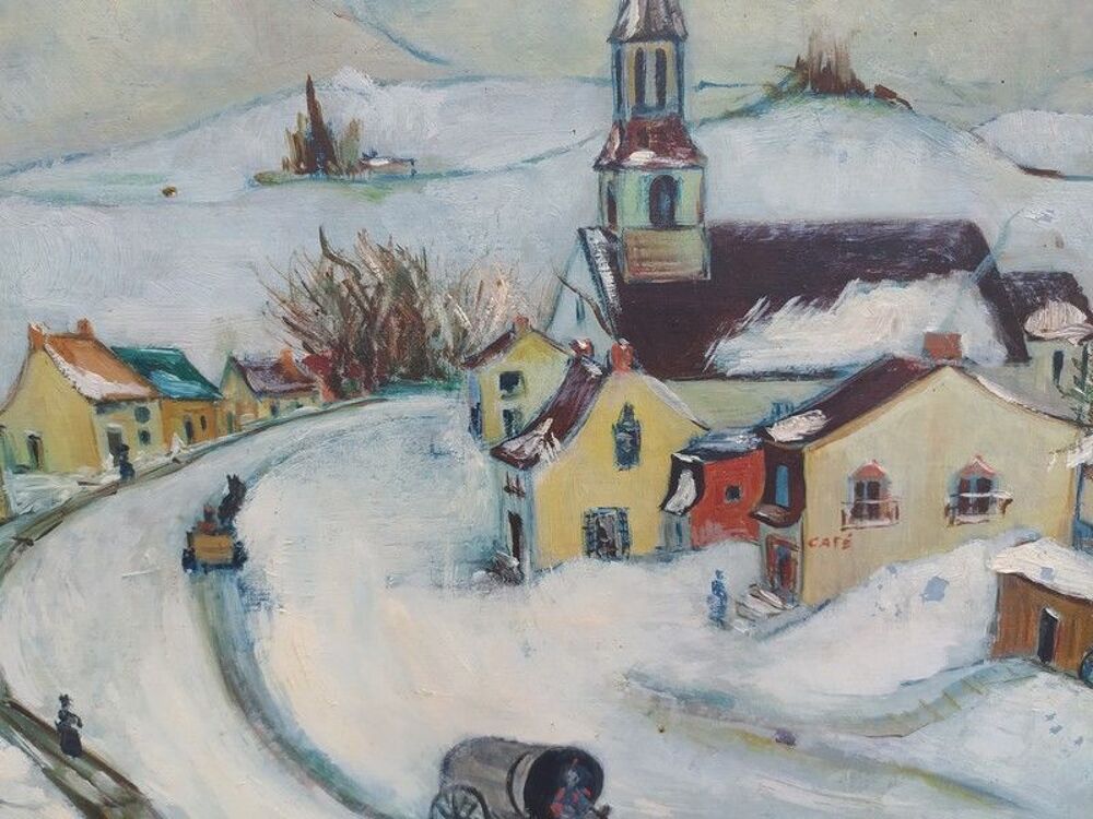 Tableau Paysage d'Hiver Peinture Na&iuml;ve Sign&eacute; Simone Oury 