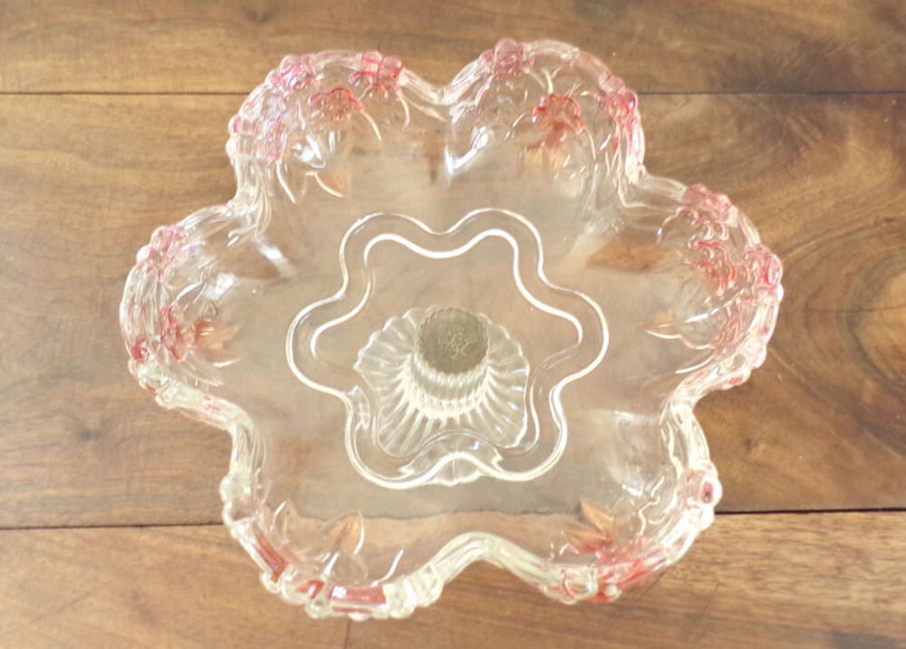 Compotier &agrave; pied en verre tr&egrave;s &eacute;pais motif &agrave; fleur rose p&acirc;le Cuisine