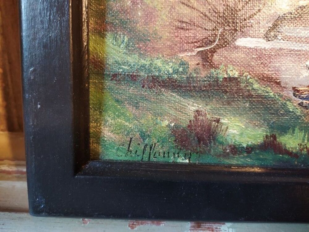 Tableau Paysage Barque P&ecirc;cheurs sur Rivi&egrave;re Sign&eacute; Décoration