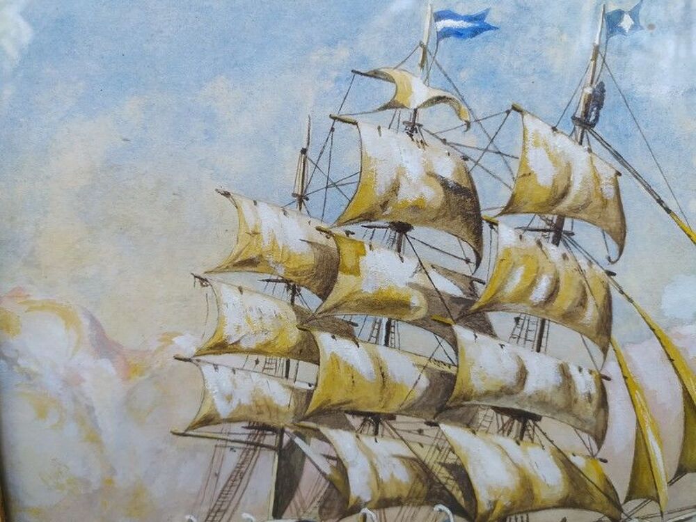 Tableau Marine Aquarelle Gouach&eacute;e Sign&eacute;e Boissin 1930 Décoration