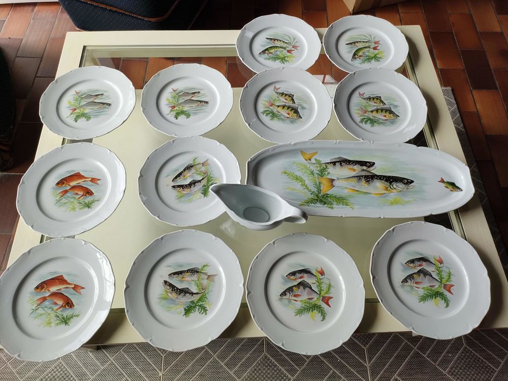 Service de table &agrave; poissons en porcelaine de Sologne Décoration