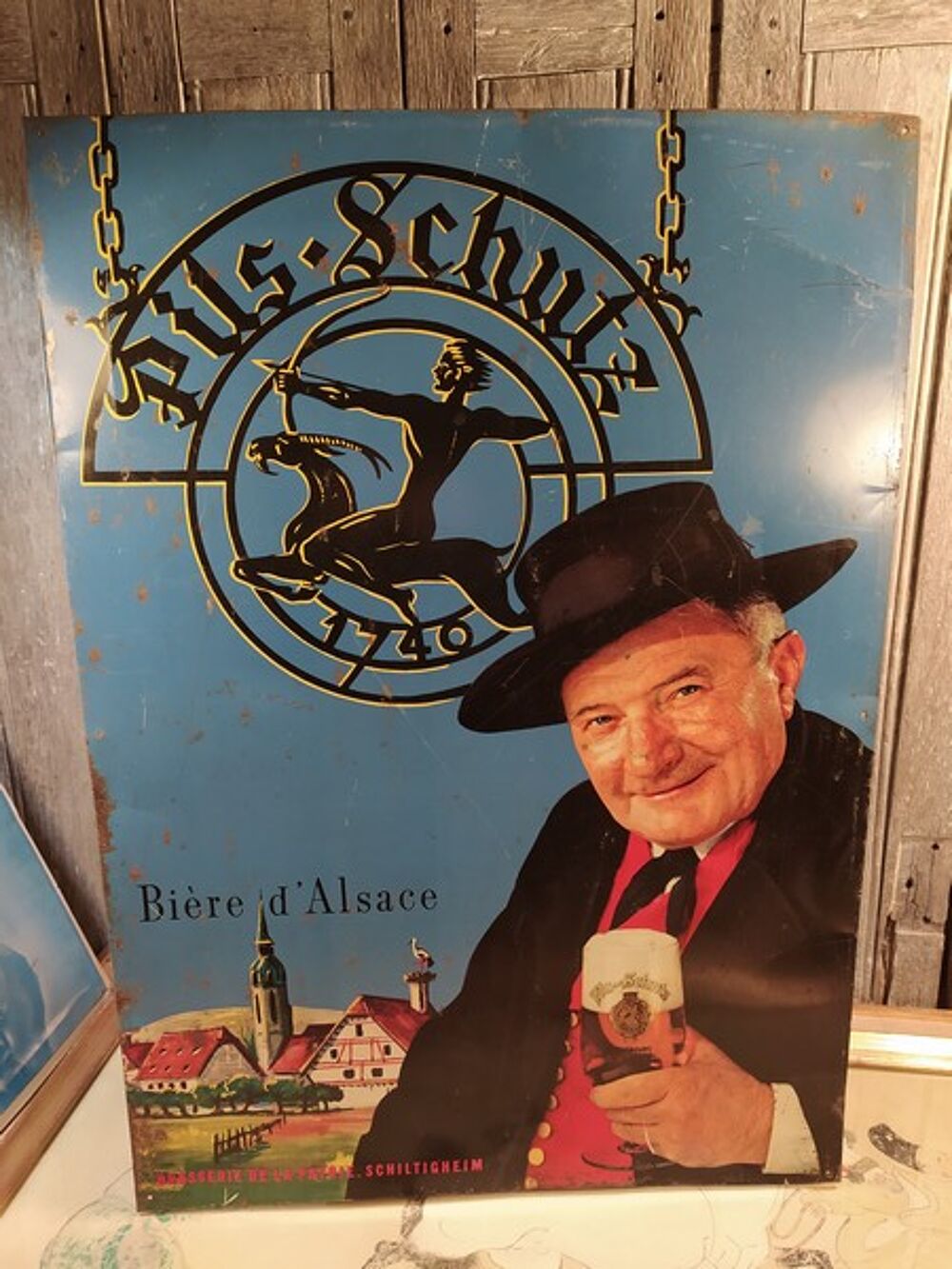 Ancienne Plaque T&ocirc;le Publicitaire Bi&egrave;re d'Alsace Pils Schutz 