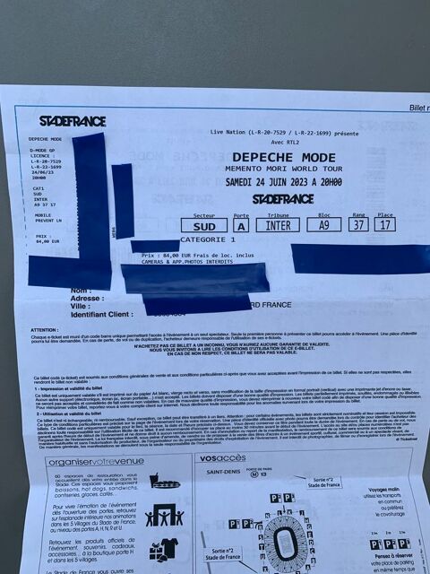 2 billets pour le concert de Depeche Mode Paris 84 Thorign-Fouillard (35)