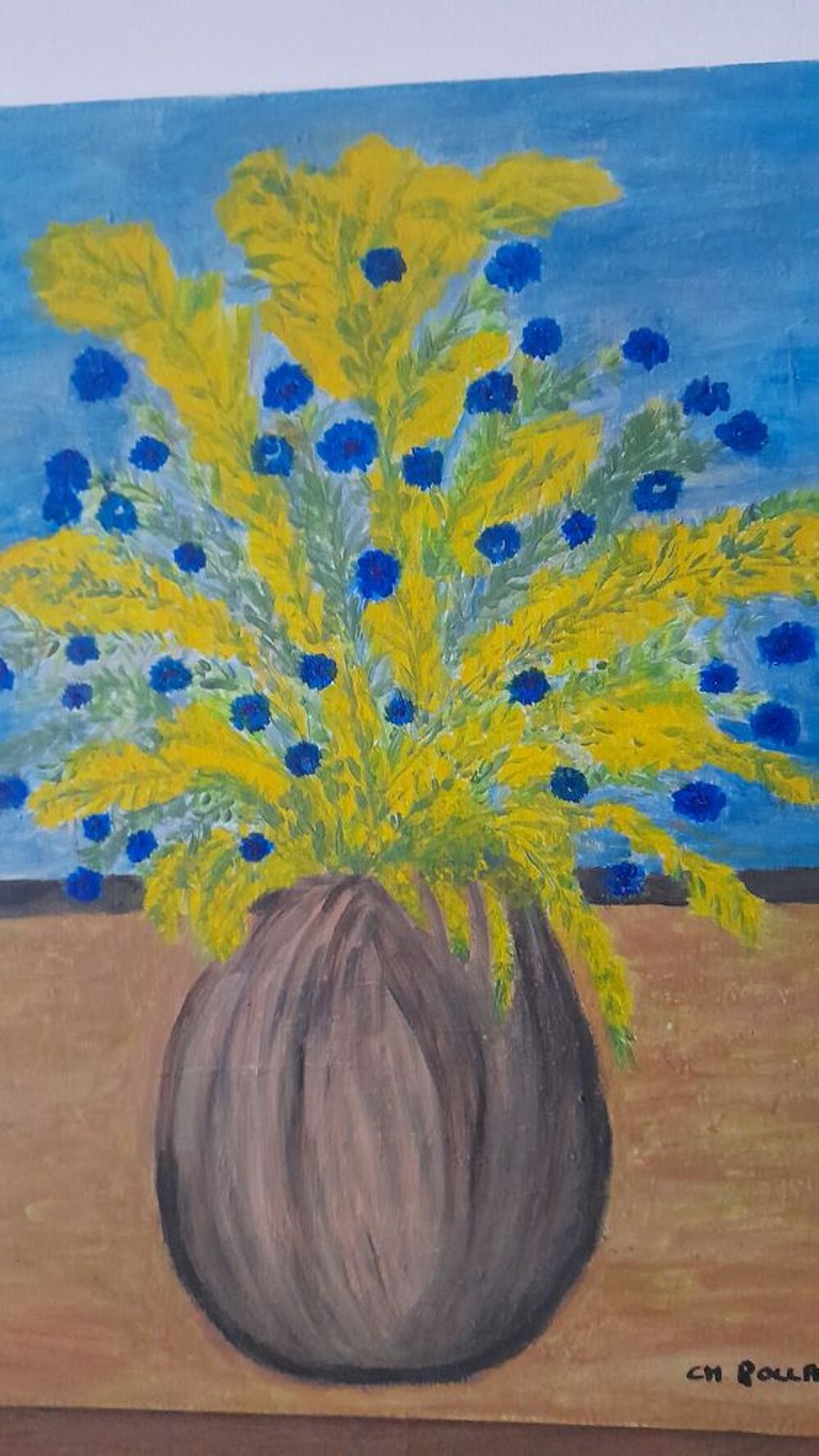 Peinture acrylique vase et fleurs 50 cms sur 40 cms Décoration