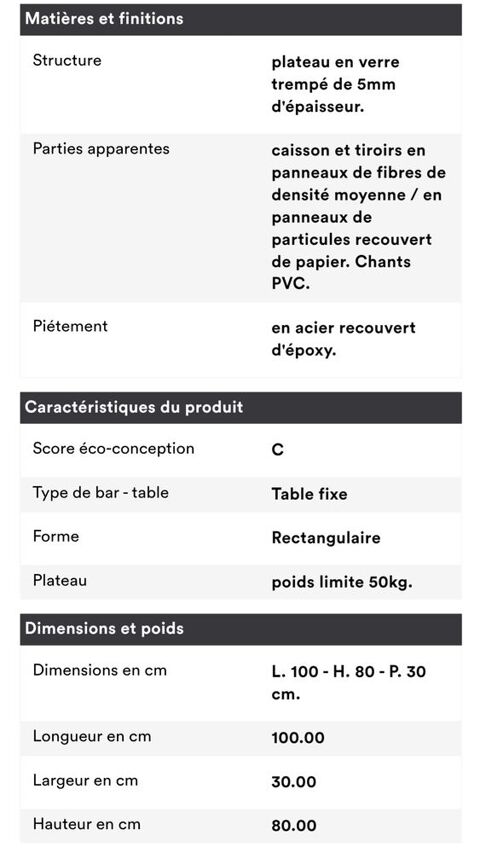 Console 2 tiroirs plateau verre 60 Fenain (59)