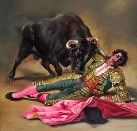 Tableau peinture � l'huile corrida avec taureau 300 Saint-Germain-du-Bois (71)