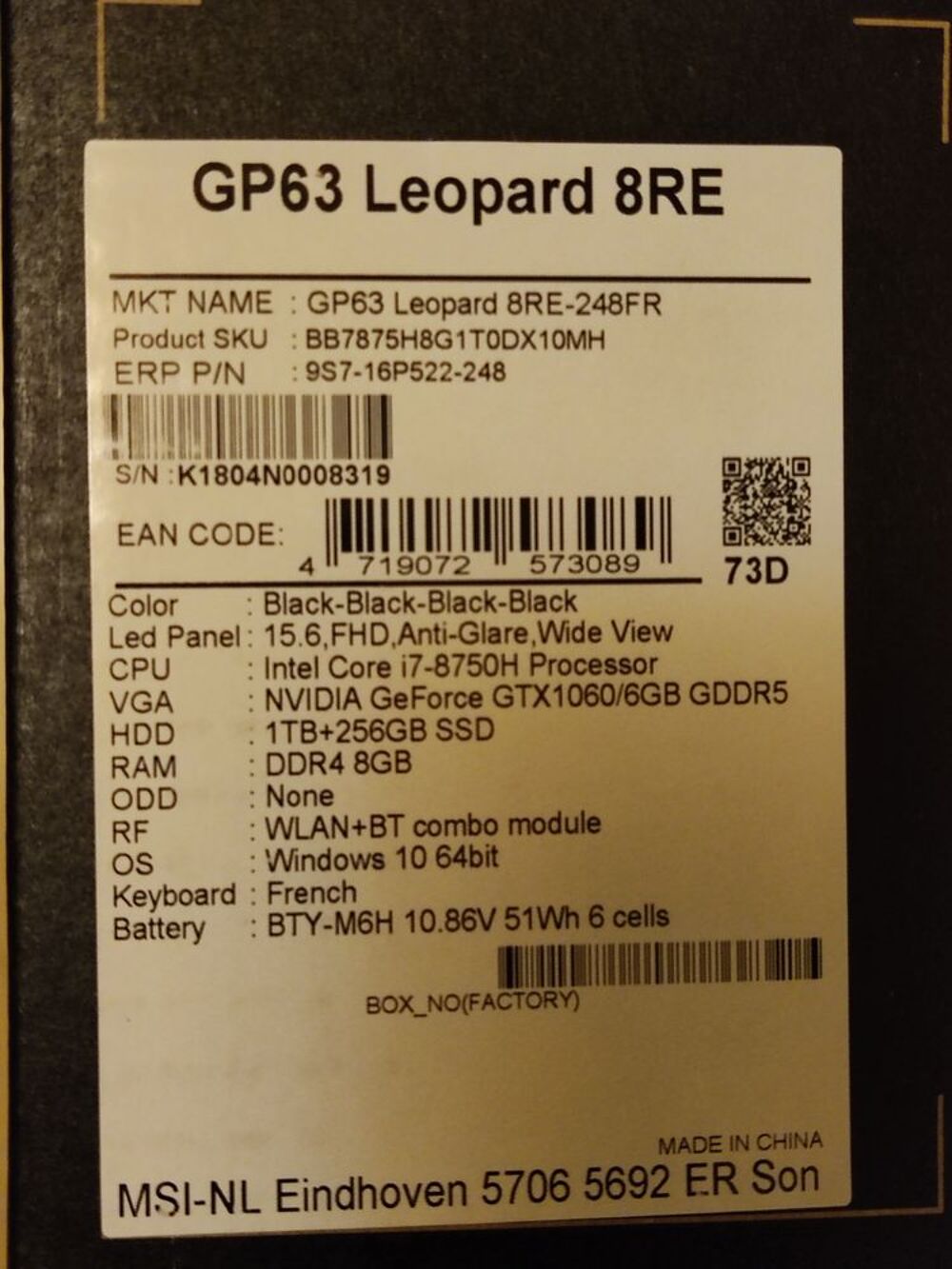 MSI l&eacute;opard GP 63/16 Go DDR4 Matériel informatique