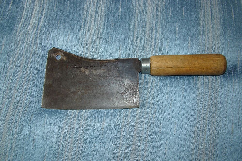 Ancien couperet / feuille de boucher acier fondu forg&eacute; main 
