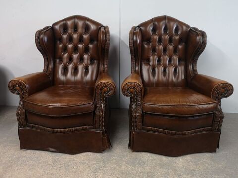 Fauteuils bergres chesterfield cuir marron vintage 2000 Guclard (72)