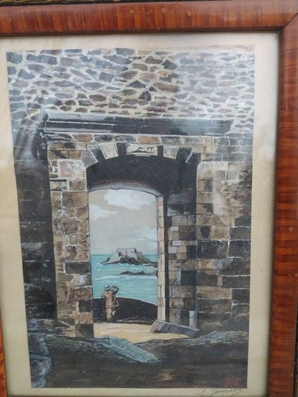 Tableau Dessin Gouache Marine P&ecirc;cheur Sign&eacute; Jampierre ca1930 
