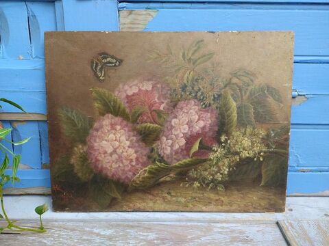 Tableau XIX�me Nature Morte aux Hortensias et Papillon  120 Loches (37)