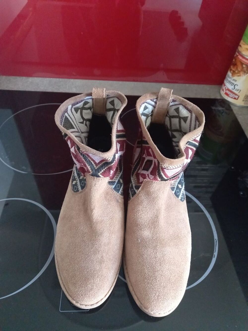 A SAISIR BOTTINES MODE CAMEL IMPRIME ETHNIQUE NOIR/BORDEAUX P41 Chaussures