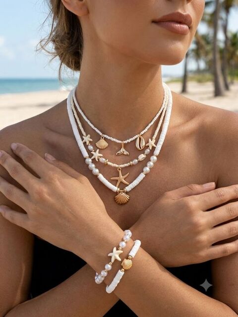 Ensemble bijoux d'été blanc & doré ? 3 Colliers superposable Fressain (59)