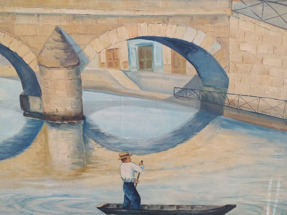 Tableau Ville &agrave; Situer Pont et P&ecirc;cheurs Sign&eacute; M. DAVID 1933 