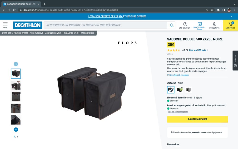 SACOCHE DOUBLE 500 2X20L NOIRE Vélos