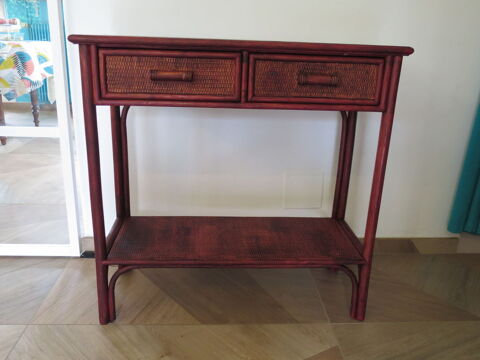 Vintage-console 2 tiroirs - en bois et rotin tressé-année 80 Fondettes (37)