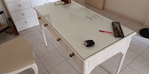 Bureau bois blanc et cannage avec chaise assortie 150 Saint-Rapha�l (83)