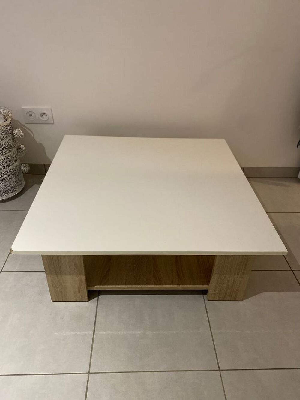 Grande table basse blanc laqu&eacute; et ch&ecirc;ne Meubles