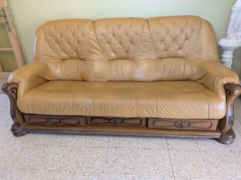 Beau canapé 3 places  beige cuir et bois 250 Les Pennes-Mirabeau (13)