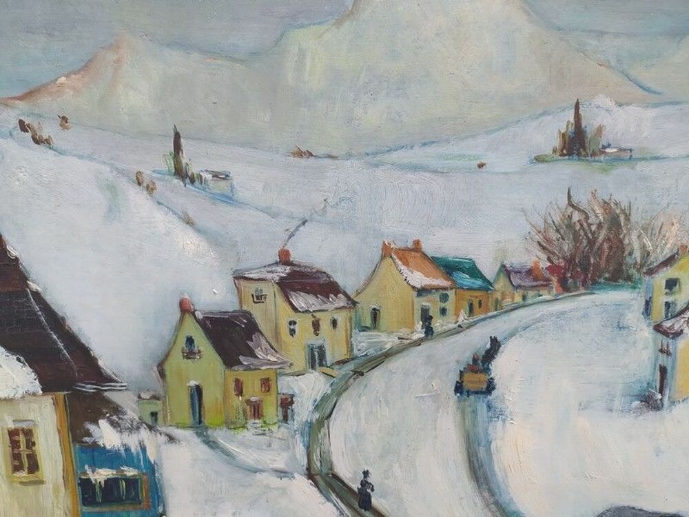 Tableau Paysage d'Hiver Peinture Na&iuml;ve Sign&eacute; Simone Oury 