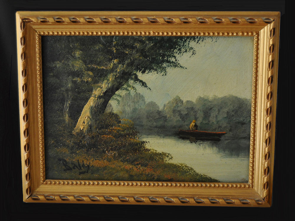Peinture originale &agrave; l'huile paysage forestier / p&ecirc;cheur Décoration