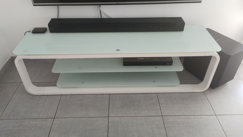 Meuble TV Design Miami Blanc 160 cm - Verre Tremp&eacute; - LED Meubles
