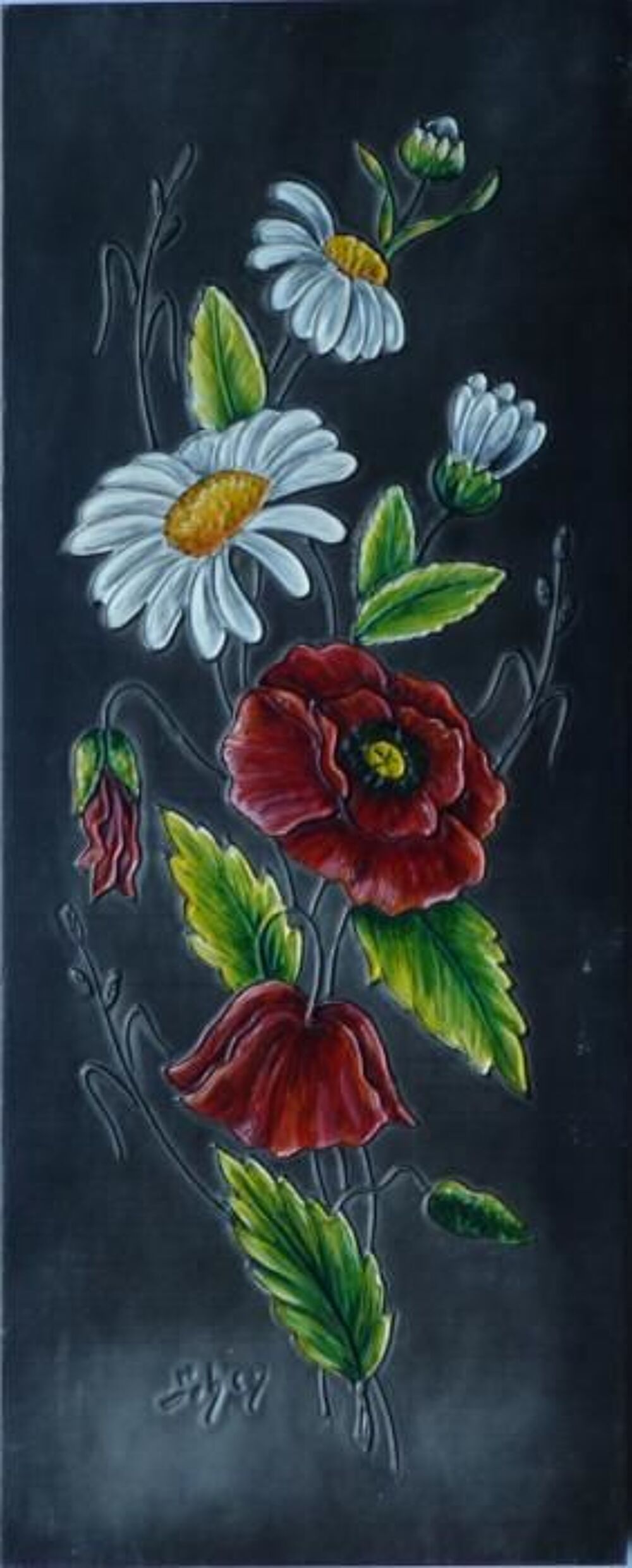 Tableau en &eacute;tain avec coquelicots et marguerites en &eacute;mail D�coration