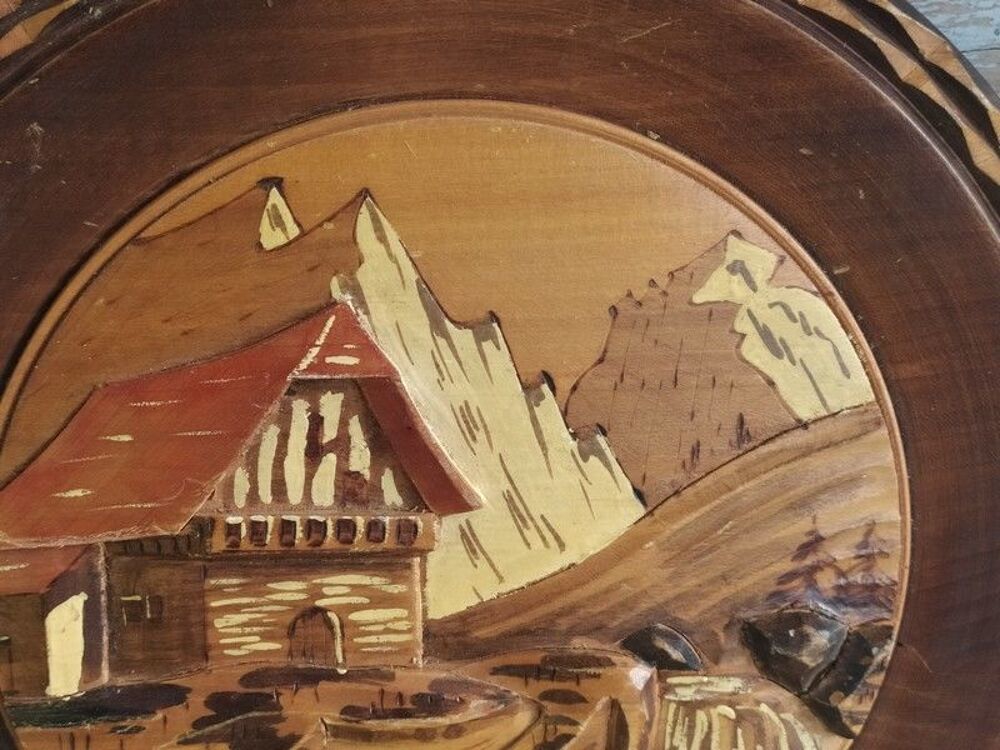 Assiette Bois Sculpt&eacute; Chalet Montagne Art Populaire 1950 Décoration