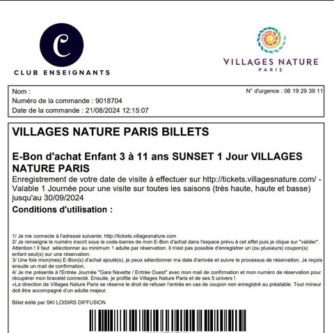 billets journe enfant 3-11ans p Village Nature Paris 25 Le Havre (76)