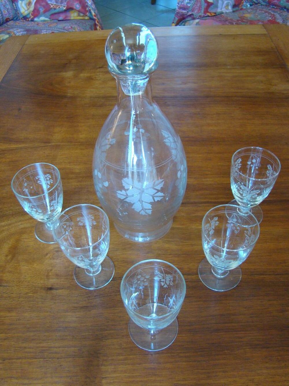 Service &agrave; ap&eacute;ritif carafe + 5 verres souffl&eacute;s grav&eacute;s 1930 Cuisine