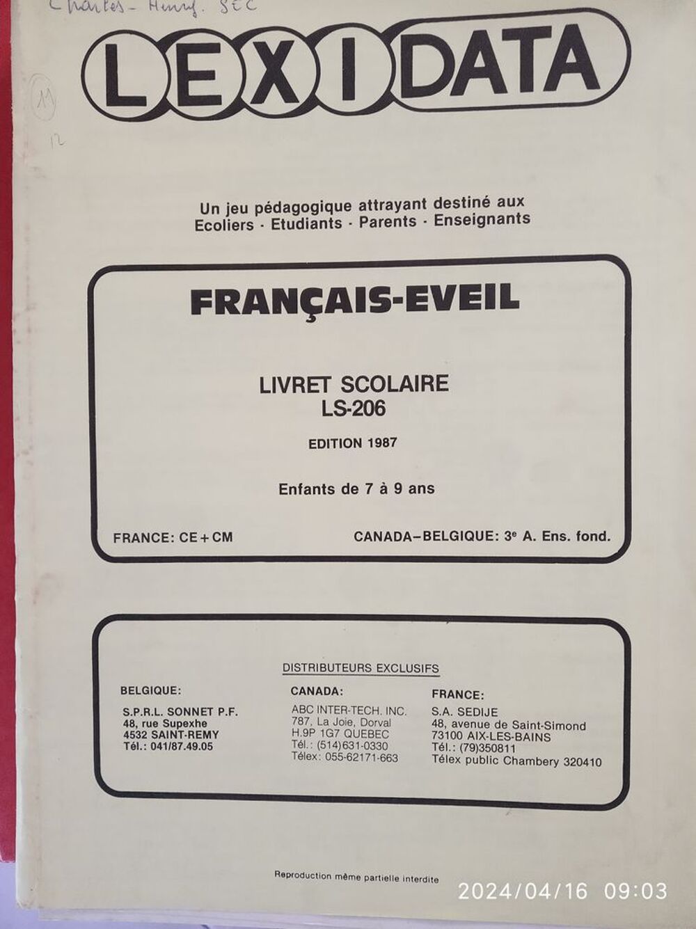 fiches LEXIDATA Pour mat&eacute;riel p&eacute;dagogique scolaire Livres et BD