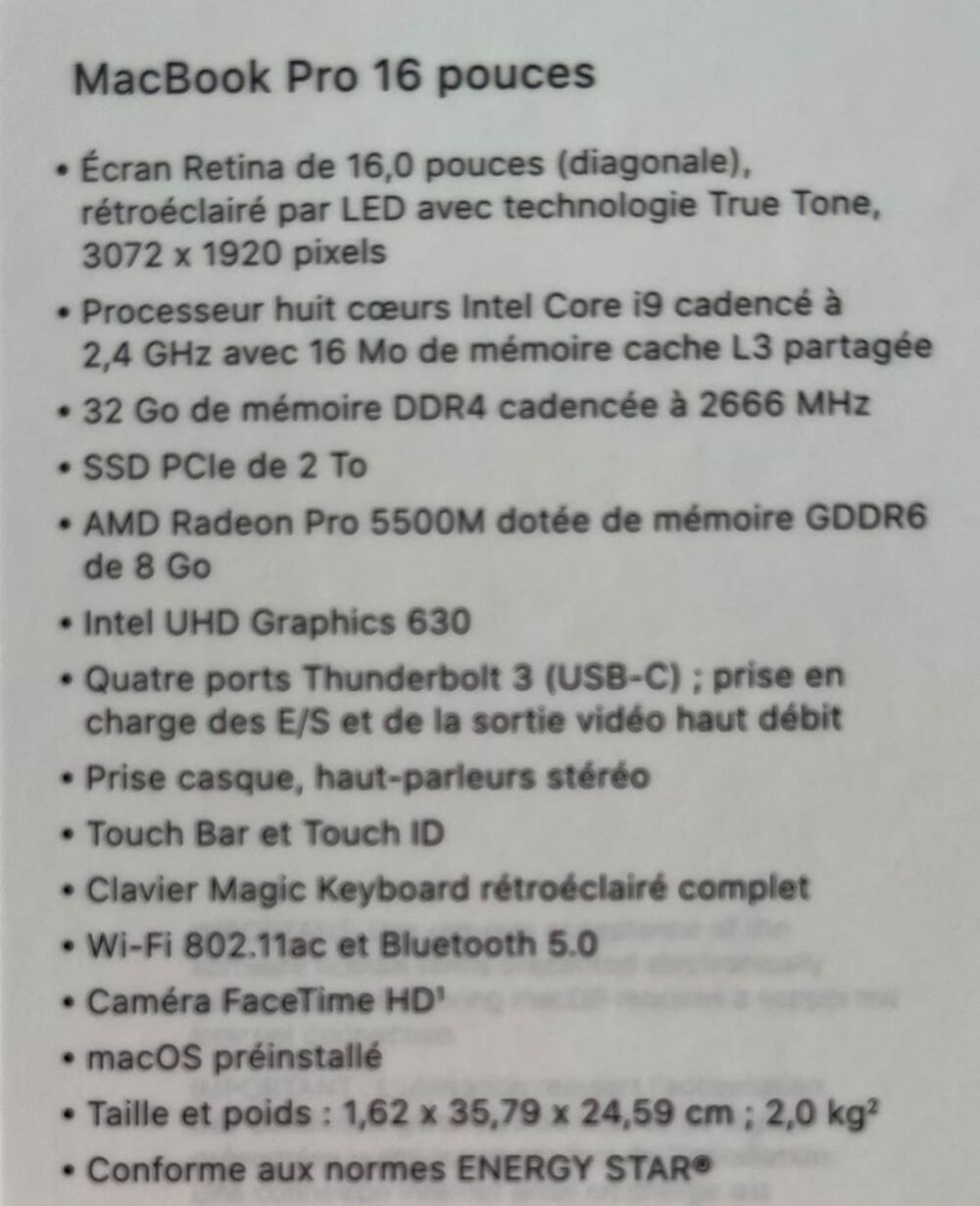 MacBook Pro 16 pouces, mod&egrave;le 2019 Matériel informatique