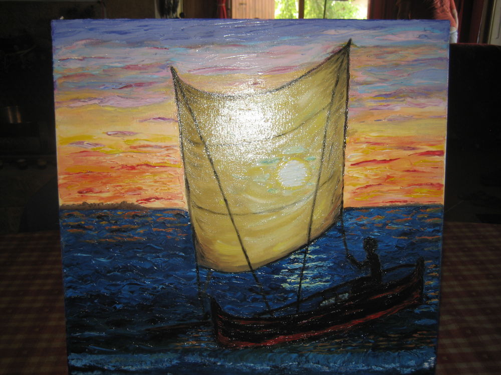 HUILE SUR TOILE AU COUTEAU. "RETOUR DE PECHE EN PIROGUE" 
Décoration