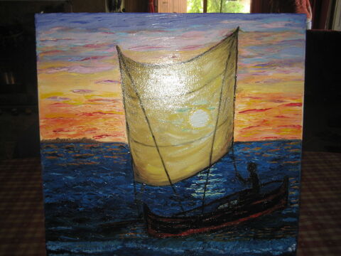 HUILE SUR TOILE AU COUTEAU.  RETOUR DE PECHE EN PIROGUE  
180 Le Sauze-du-Lac (05)