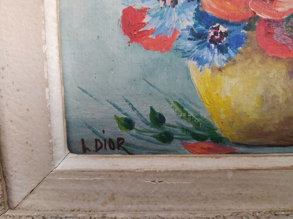 Tableau Bouquet de Fleurs Coquelicots Bleuets Sign&eacute; L. Dior 
