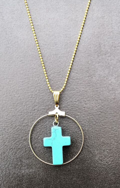 Pendentif croix Turquoise naturelle dans anneau acier doré 5 La Seyne-sur-Mer (83)
